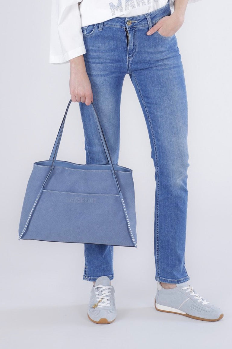 Shopping bag effetto camoscio, tasca frontale pratica, logo in alta frequenza avion